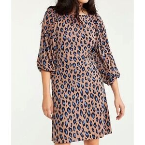 Ann Taylor‎ Petite Maple Tan Simola Leopard Puff Sleeve Shift Dress XSP Blue Tan